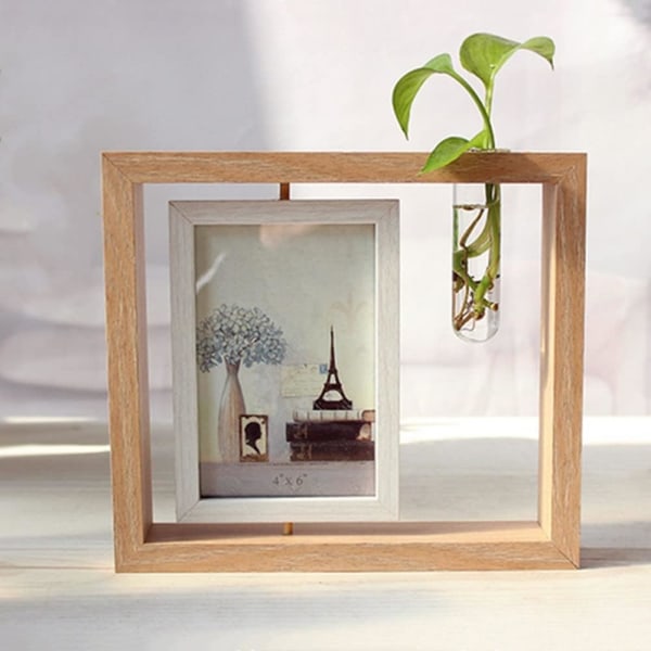 Kaksipuolinen pyörivä puinen valokuvakehys, 8x10,8 tuumaa, luova valokuvakehys kasvimaljakolla, Fam