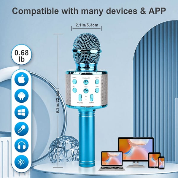 (Blå) Trådløs Karaoke Mikrofon, Bærbar Bluetooth Karaoke Mikrofon til Børn/Voksne Sang, Co