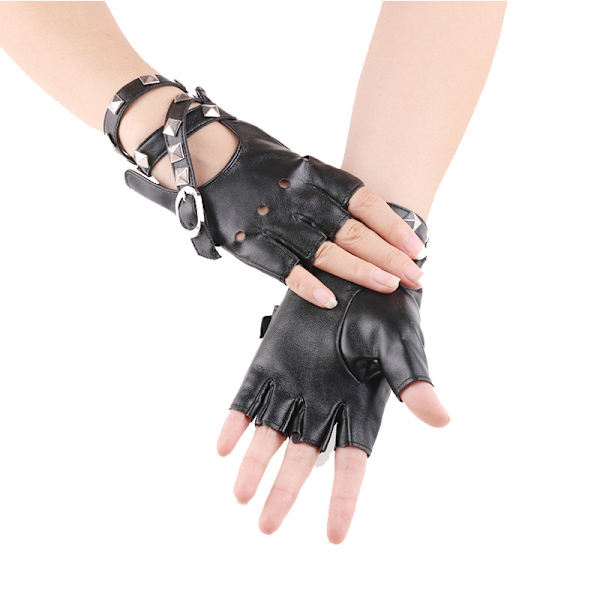 Dam PU Läder Punk Handskar Nitar Bälte Upp eller Knäpp Halv Finger P