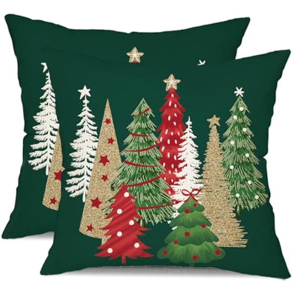 45x45cm Sett med 2 Juleputetrekk - Juletre Dekorativ Grønn Pyntepute - Vinter Juledekorasjon til Hjemmet