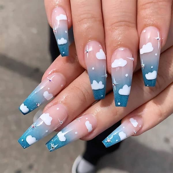 Rhinestone Kunstige Negle med Sky Design Blå og Pink Gradienter