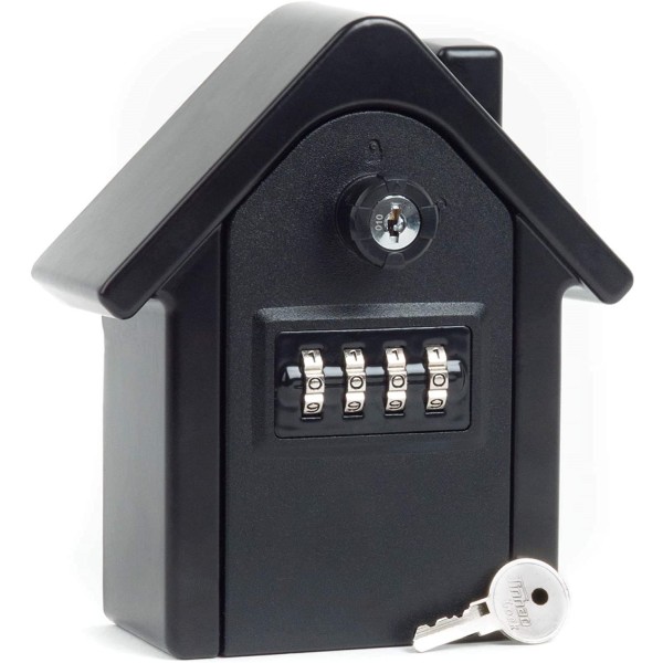 Nøkkelsafe, (svart) nøkkelsafe med nummerkode på utsiden av stor hette