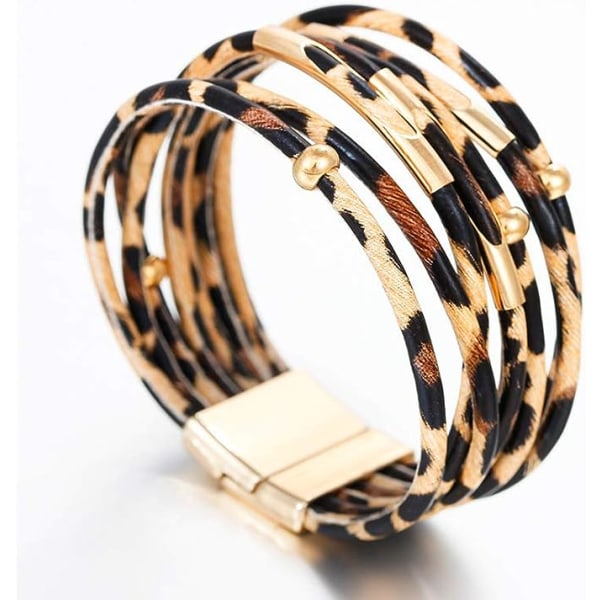 Leopard Armbånd til Kvinder Wrap Multilayer Læder Armbånd