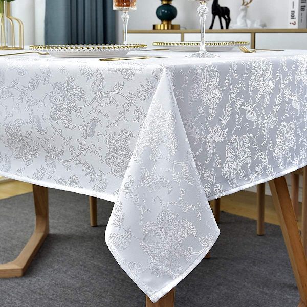(Rektangulär/Långsträckt, 130 x 180 CM (4-6 Sittplatser)) Jacquard Bordsduk Blommig Damask Bordsduk Sp White