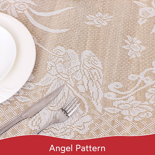 60\" x 84\" (B x L), Rektangulær hvit blondeduk med brodert engeldesign for babyshower,