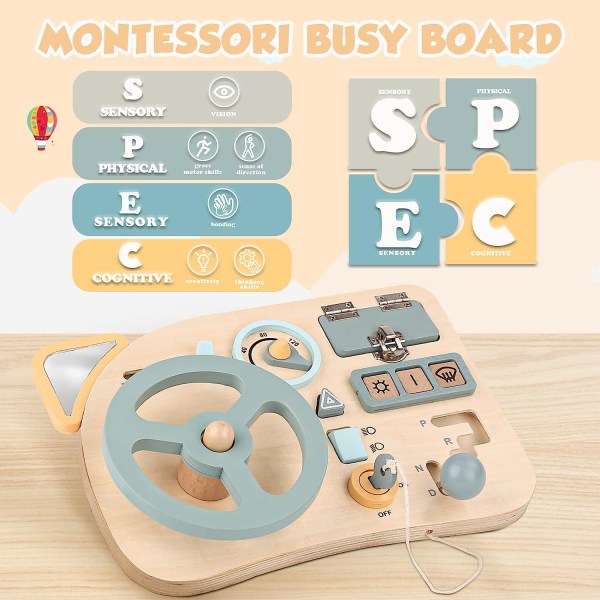 Montessori Busy Board Ohjauspyörä auto Lasten puinen lelu Opetuspelit Lasten lelu 2 3