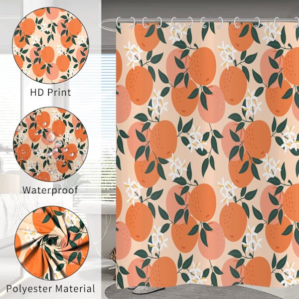 Fersken Bruseforhæng 180x180, Sødt Orange Pink Frugter Grønne Blade Blomster Badeforhæng Akvarel Kunst Maleri Æstetisk Vandtæt Polyesterstof