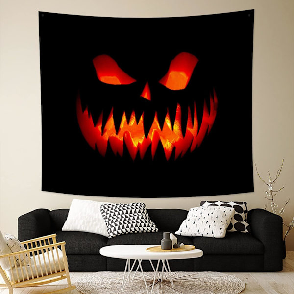 Halloween-aiheinen seinävaate, Spooky Lantern Pumpkin Wall Tapestry Goth Fire Ghost Face Dark Horror Scen