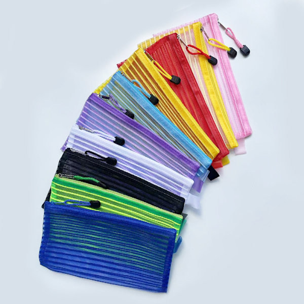 10-pack Dragkedja Mesh Ficka Pennfodral Flerfärgad Pennväska Multifunktionell för Kontorsmaterial Reseförvaringsväskor 10 Färger