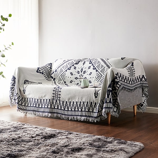 Tvåsidig stickad bomullsreversibel sofföverdrag Boho sofföverdrag C