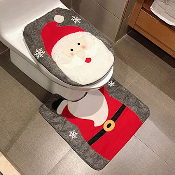 Juletoiletbræt Dæksel og Tæppe Sæt, Julebadrumsdekoration, Julemandsstil, Nem Installation