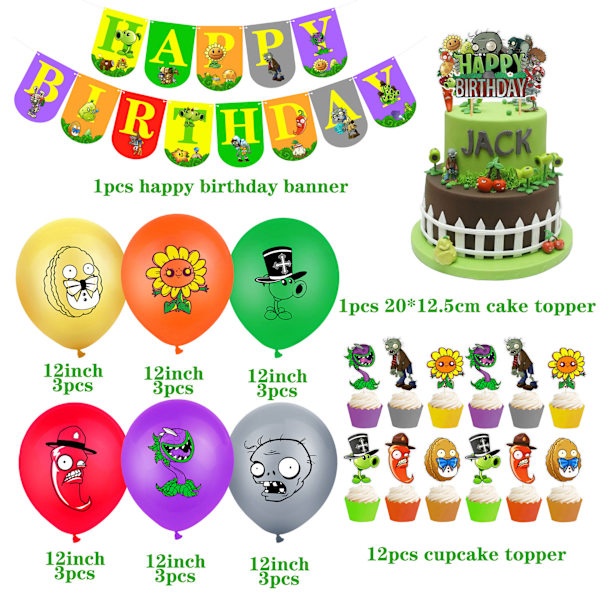 32 kappaletta Plants VS Zombies -juhlakoristeet, mukaan lukien PVZ Happy Hirthday -banneri, PVZ-kakunkoriste, PV