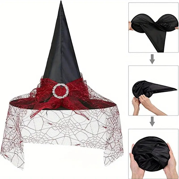 1 stk. heksehat til kvinder, voksen heks vampyr Halloween kostume tilbehør, sammenklappelig heksehat, Red