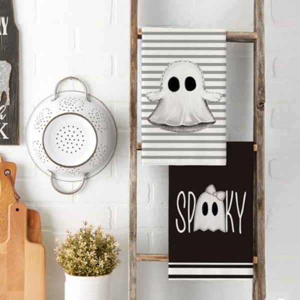 Sorte Stribede Spøgelses Boo Spooky Halloween Køkkenhåndklæder Opvaskehåndklæder, 18x26 Tommer Buesløjfe Dekoration Håndklæder Sæt af 4