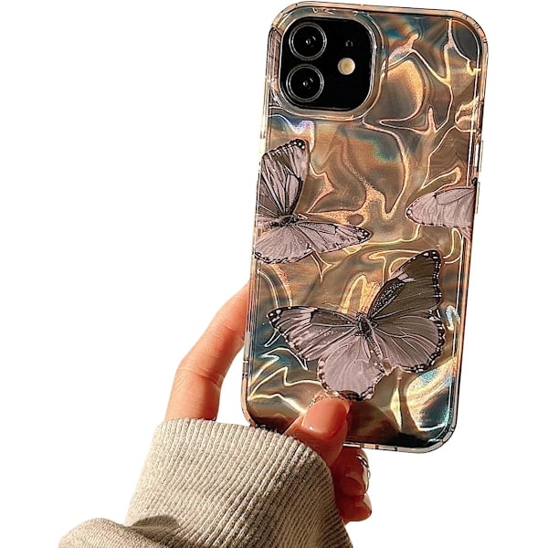 Yhteensopiva iPhone 12 / iPhone 12 Pro -kotelolle, söpö perhonen glitter-vesiaalto-flash-muoti naisille ja tytöille puhelimen suojaksi