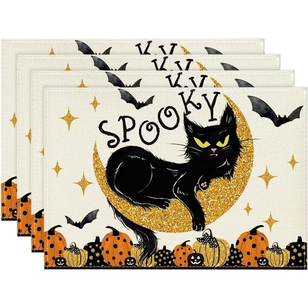Pumpalyktor Svart Katt Spöklikt Halloween Underlägg Set om 4, 12x18 Tum Säsongsbetonade Bordstabletter för Fest Kök Matplats Dekoration