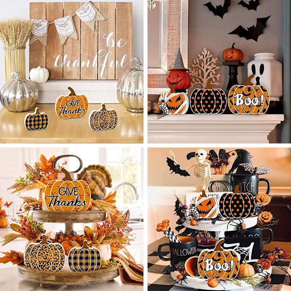 3 st Halloween Pumpa Dekorationer Inomhus, Höstdekorationer, Träpumpa Dekorationer för Halloween/Thanksgiving, Gratis