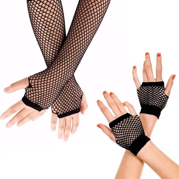 Pairs Fishnet-hanskat, Pitkät ja Lyhyet Fishnet-hanskat Verkkohanskat, Pitkät Joustavat Sormettomat Pitkät Verkkohanskat, Musta Fishnet