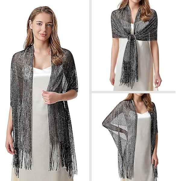 Dame Tassel Sjal til Aften, Fest, Bryllup med Trykknapper Black