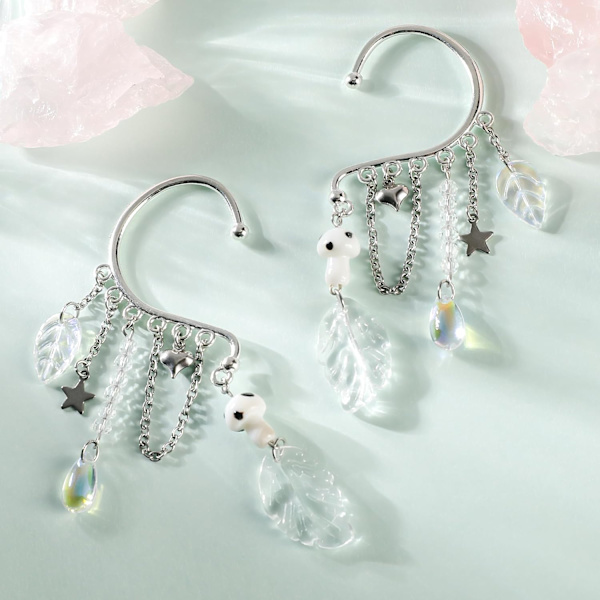Renaissance Fairy Elf Øremanchetter - Hvite Sopp Elf Øremanchetter med Blad Tassel Elf Manchetter Klipp Øredobber Wrap Ingen Piercing