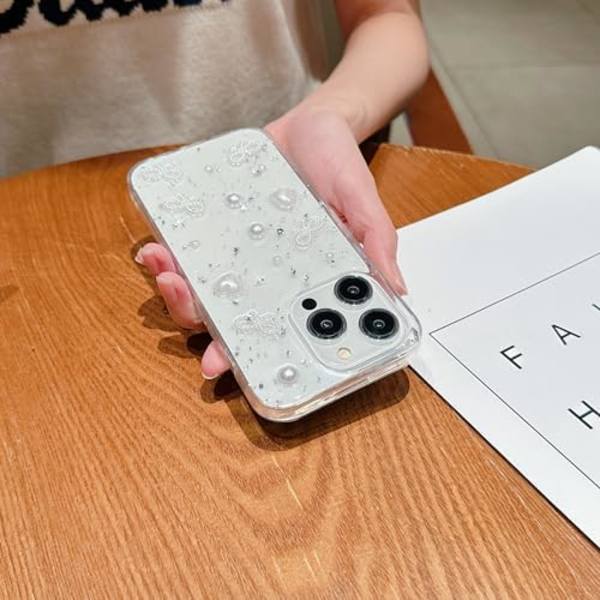 Søt 3D Perle Buesløyfe Hjerte med Design Estetisk Kvinne Telefonveske for Jenter, Glitter Glimmer Bakside Støtsikker Myk TPU