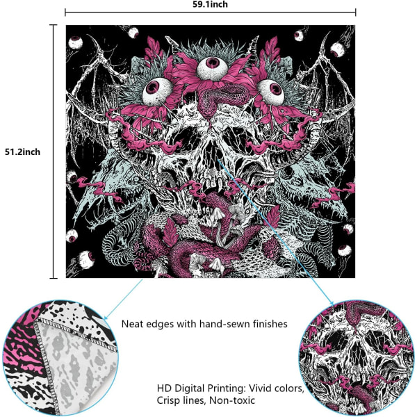 Hodeskalleveggteppe Trippy Skjelettøyne Veggteppe Goth Slangeveggteppe