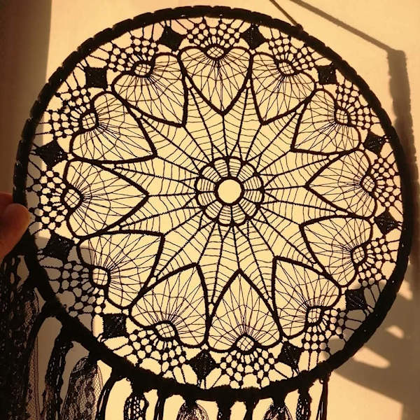 Håndlavet drømmefanger i sort - Stor Boho drømmefanger med macrame