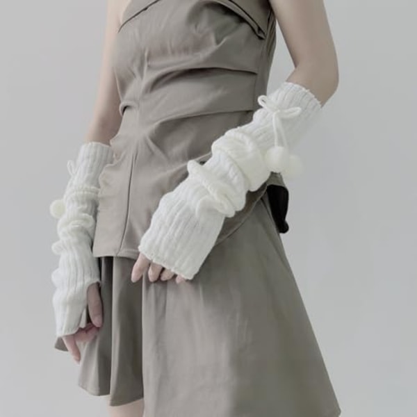 2 stk Armvarmere for Kvinner Søte Y2k Jenter Punk Bomullsstrikket Sløyfe Pom-Pom Lange Ermeløse Hansker Kawaii