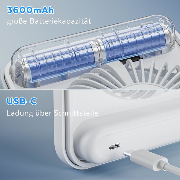 x Valkoinen Pieni Pöytätuuletin, Kannettava, 3600 mAh Ladattavalla Akulla, Hiljainen, 5 Nopeutta, 180° Kallistettava, Kotiin, Toimistoon, Matkoille ja Ulkoiluun