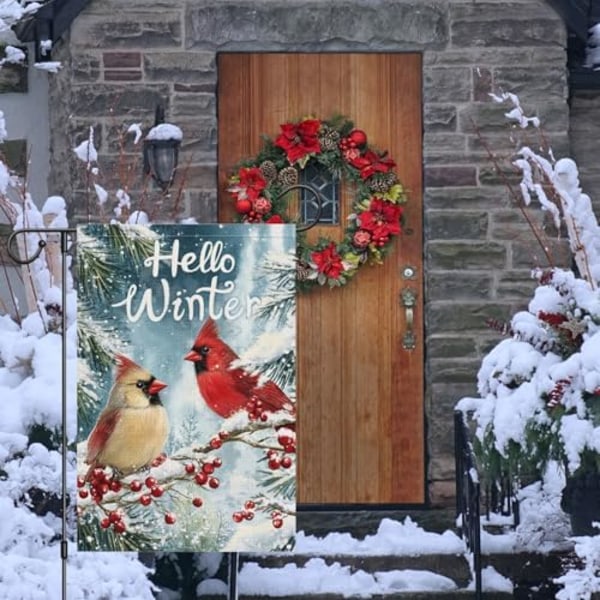 12x18 Tommer  Hello Winter Haveflag Kardinal Fugl Snedækket Dobbeltsidet Velkommen Lille Feriegård Haveflag Udendørs
