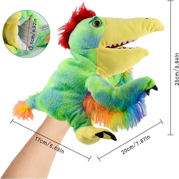 Dinosauruksen käsinukke, värikäs ja persoonallinen realistinen pehmo, Raptor-lelu, lahja lapsille.