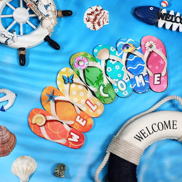 1 st Sommartofflor Hängande Skylt Form Välkommen Hej Flip Flop Trädörr Plakett Rustik Väggskylt Gård Inomhus Utomhus Trädgårdsdekoration med Rep