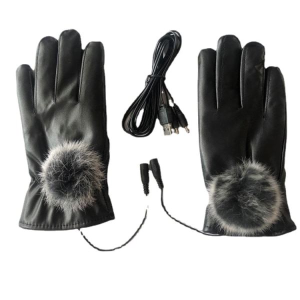 Læder USB-opvarmede handsker til kvinder, vinteropvarmede vanter Touch