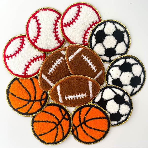 12 st guldkantade Chenille-boll järn-på broderade lappar, sport baseboll, basketboll, fotboll, fotbollslapp, för DIY-projekt