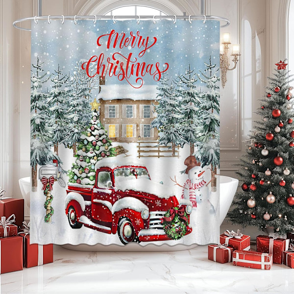 1 st  God Jul Duschdraperi Röd Vintage Lastbil Julgran Vinter Snögubbe Rustik Retro Lanthus Dusch