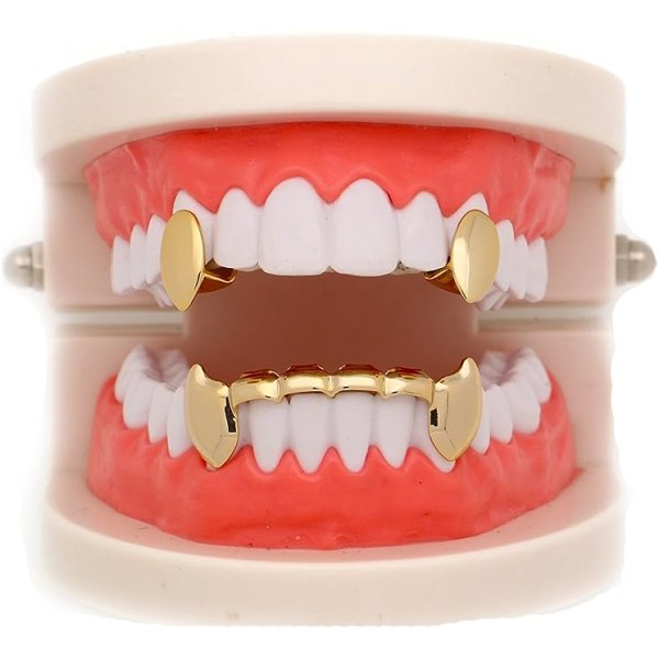 14k Guld Vampyr Dracula Tänder Grillz 2st Singel Fångar och 6 Nedre Grillz Set (guld)