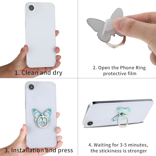 4 ST Butterfly Mobiltelefon Ringhållare Zinklegering Söt 360° Rotation Metall Finger Mönster Målad Universal Telefon Ringhållare Kompatibel för Alla Smartp