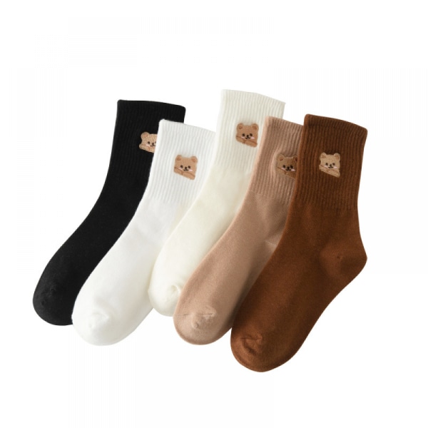 5 par bjørnebroderte sokker, midtkalvsokker for kvinner for høst og vinter, moteriktig ren Cotto
