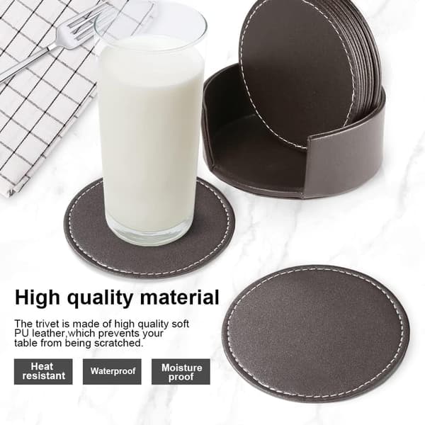 (Brun) Sæt med 6 læder coasters med holder