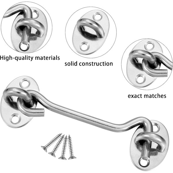 2-pakka Cabin Hook ja Eye Door Latches, Ruostumattomasta teräksestä valmistetut Door Cabinet Latches kiinnityskruuveilla 4 Inch