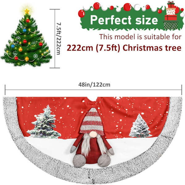122 cm Joulukuusen Helma, Punainen Joulukuusen Matto Juhlakoriste Kasvottoman Tontun ja Lumikiteen Kuvioilla, Pehmeä Plush Joulu