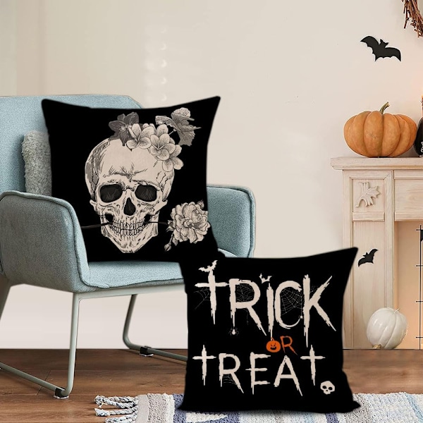 Sæt med 4 Halloween pudebetræk 45x45cm Trick or Treat græskar dekoration sort kranie Halloween pude