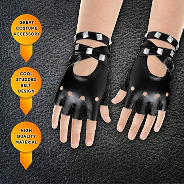Fingerløse Kunstlæderhandsker - Sorte Biker Punk Handsker med Bæltelukning og Nitter Design til Kvinder