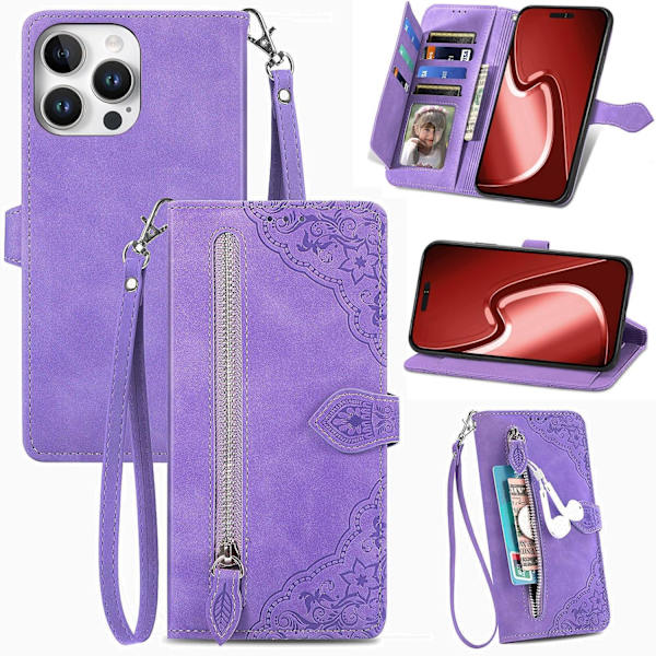 Fodral för iPhone 16 Pro Max Plånboksfodral för kvinnor med kortfack Präglad blomma Blixtlås Plånbok PU Läder Flip Cover w
