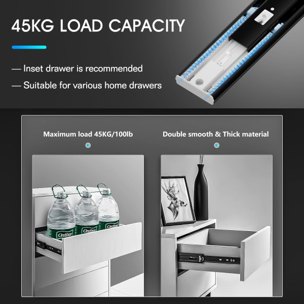 1 pari 300 mm:n laatikon liukukiskoa, kantavuus jopa 45 kg, painonappiavausmekanismilla ja kuulalaakereilla