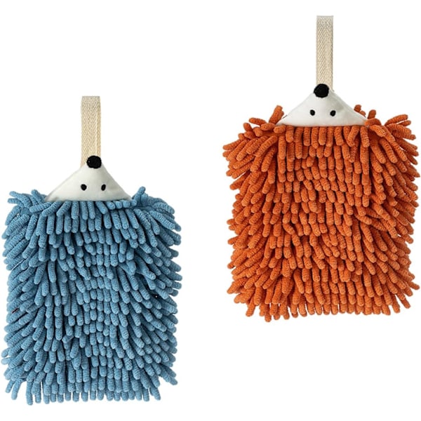 2 stk. søde dyrehåndklæder i chenille, plys pom pom håndklæder med løkker, ophængningshåndklæder f Blue, Orange