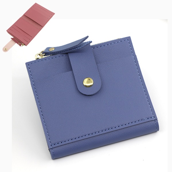 Lommebok med spenne for kvinner, blå liten dameskinn sammenleggbar Pur