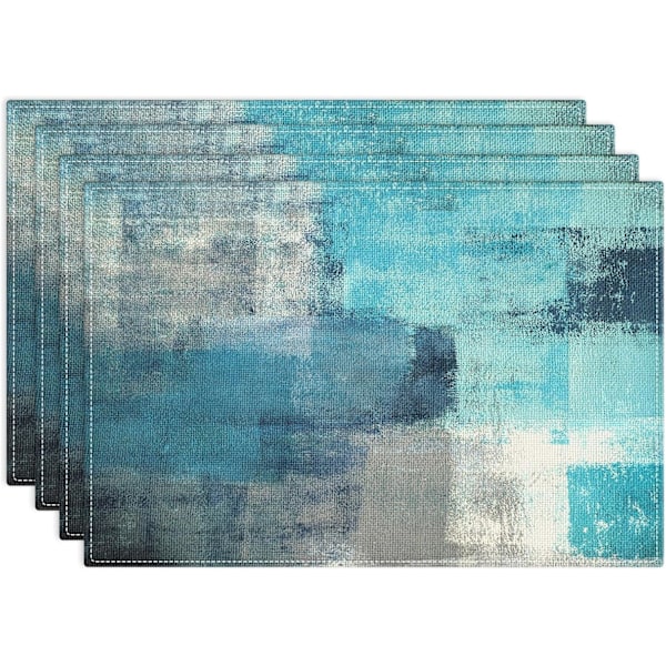 Set med 4 mattor, 12x18 tum Modern Teal och Grå Abstrakt Konstmålning Bordsplaceringar för Utomhus Hem Fest Kök Di