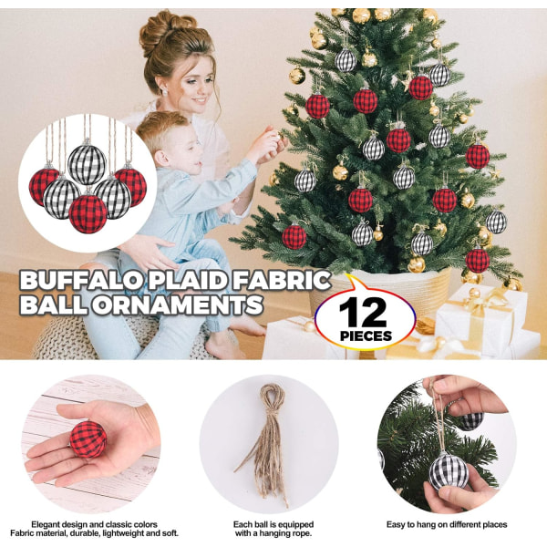 12 st julgranskulor i buffelrutmönster