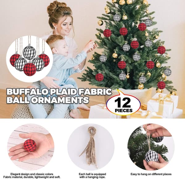 12 stk. Julekugler i Buffalo Plaid til julepynt